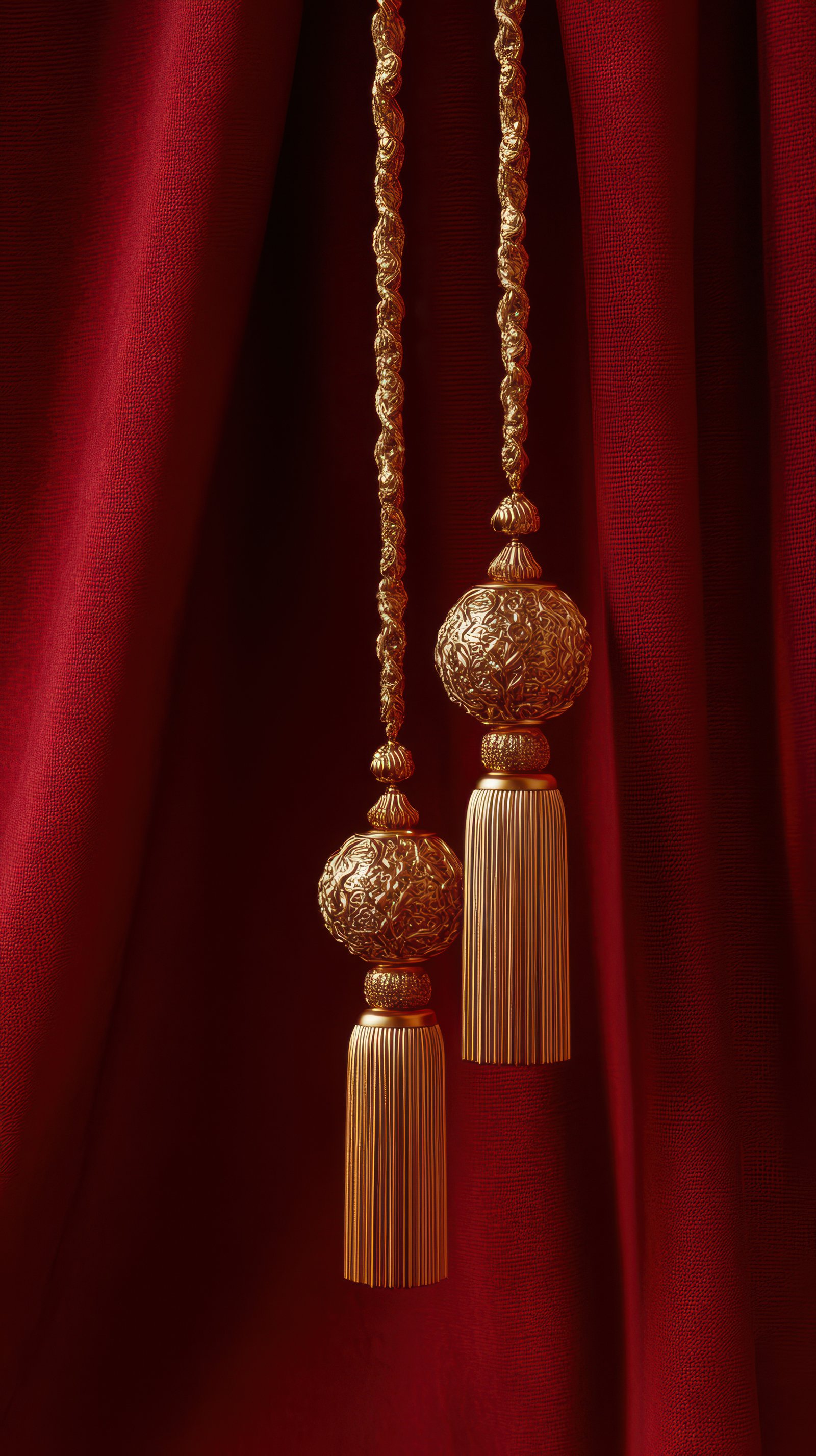 Elegant golden tassels hanging from rich red fabric in a decorative setting conveying luxury and sophistication